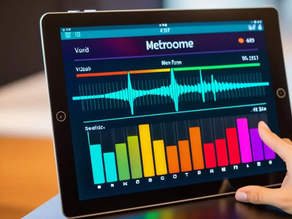 Una imagen de una herramienta moderna de enseñanza del ritmo en una tablet, rodeada de partituras y baquetas, con una interfaz vibrante y profesional
