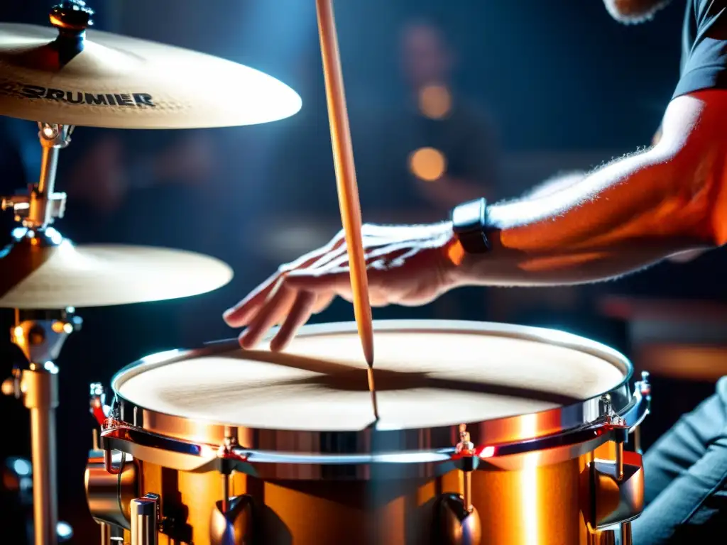 Imagen impactante de un baterista tocando una batería híbrida, mostrando la evolución batería acústica electrónica con intensidad y precisión