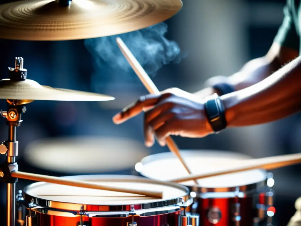 Imagen impactante de un baterista en pleno concierto, mostrando la relevancia cultural de la batería con movimientos dinámicos y pasión en sus manos