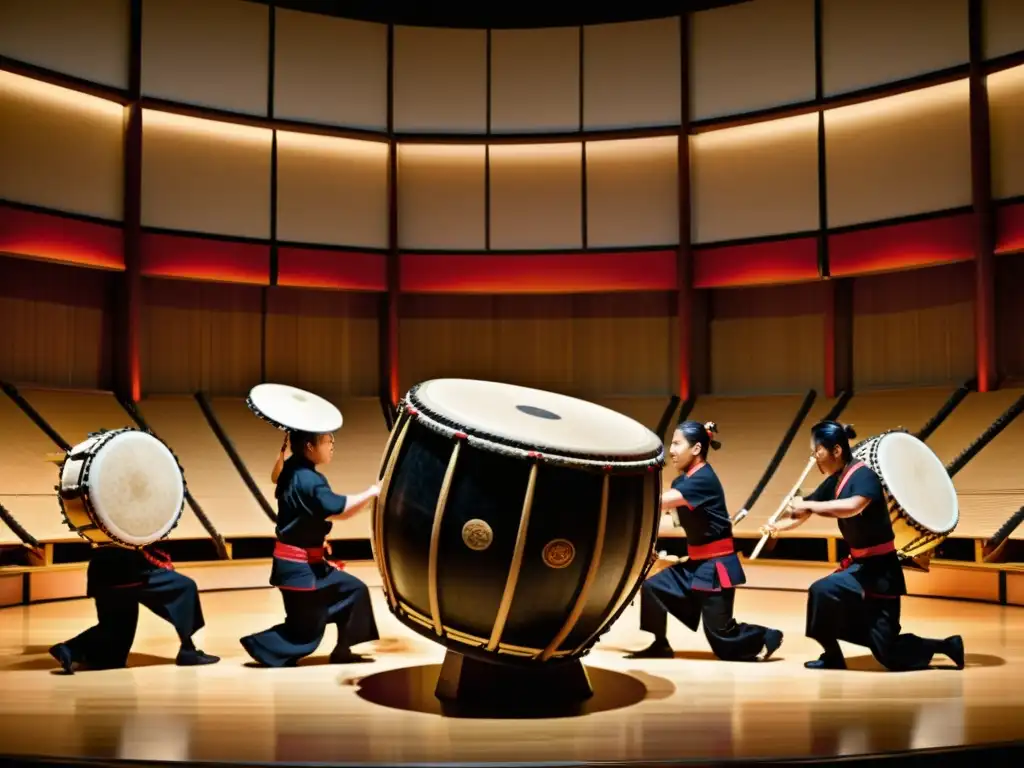 Imagen impactante de un conjunto de tambores taiko japoneses en acción, destacando la sonoridad y la tradición cultural