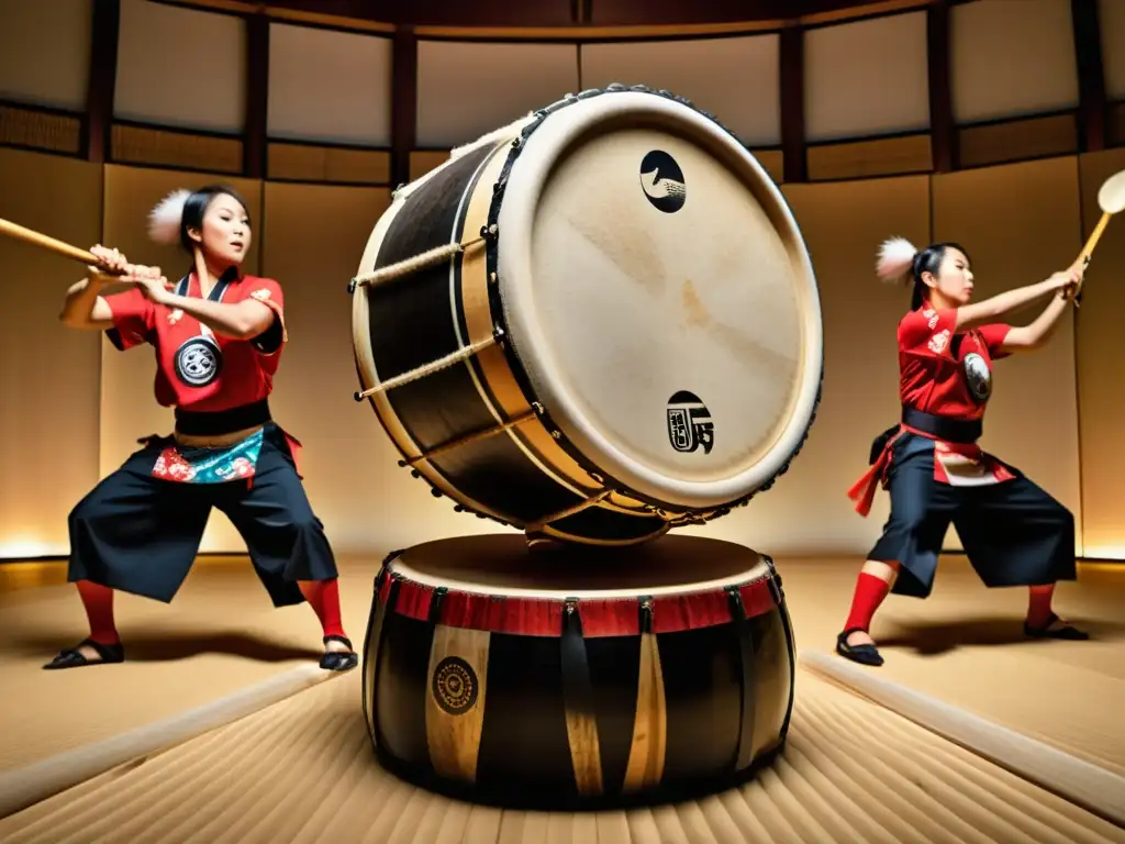 Una imagen impactante que captura la historia y técnica del Taiko japonés en una actuación poderosa y sincronizada de tamborileo