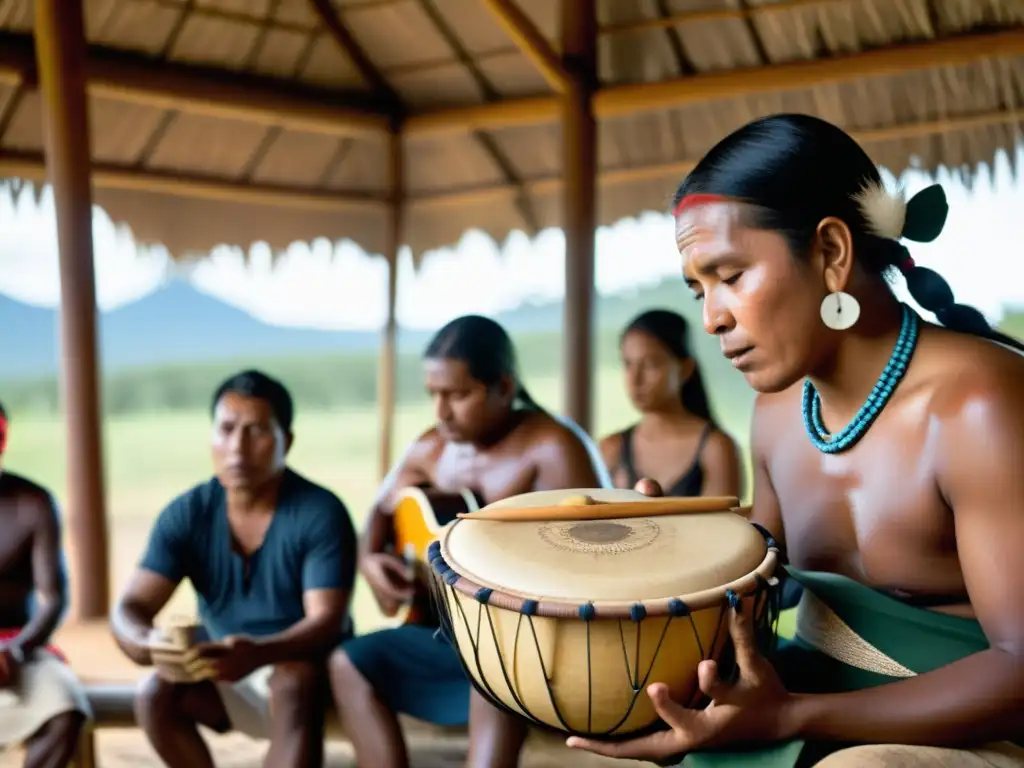 Imagen impactante de un instrumento musical indígena tocado en comunidad, resaltando la riqueza cultural y resistencia frente a la colonización