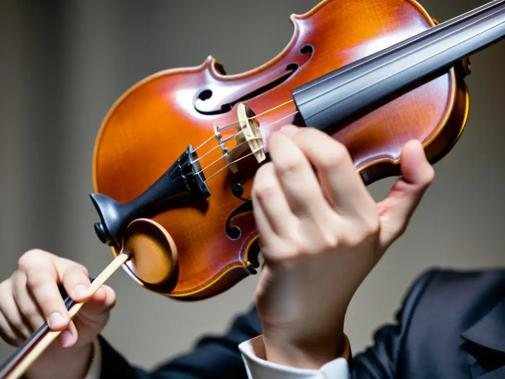 Imagen impactante de mano de violinista ejecutando técnica staccato en instrumento de cuerda