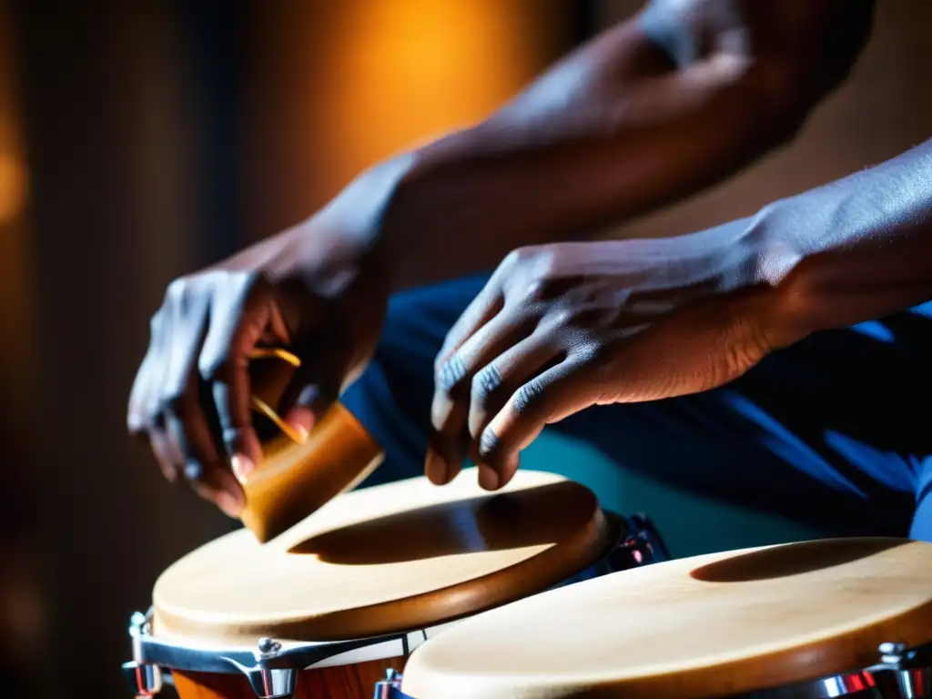 Imagen impactante de manos que tocan bongos en estudio grabación de percusión vibrante, con detalle de piel del tambor y expresión concentrada