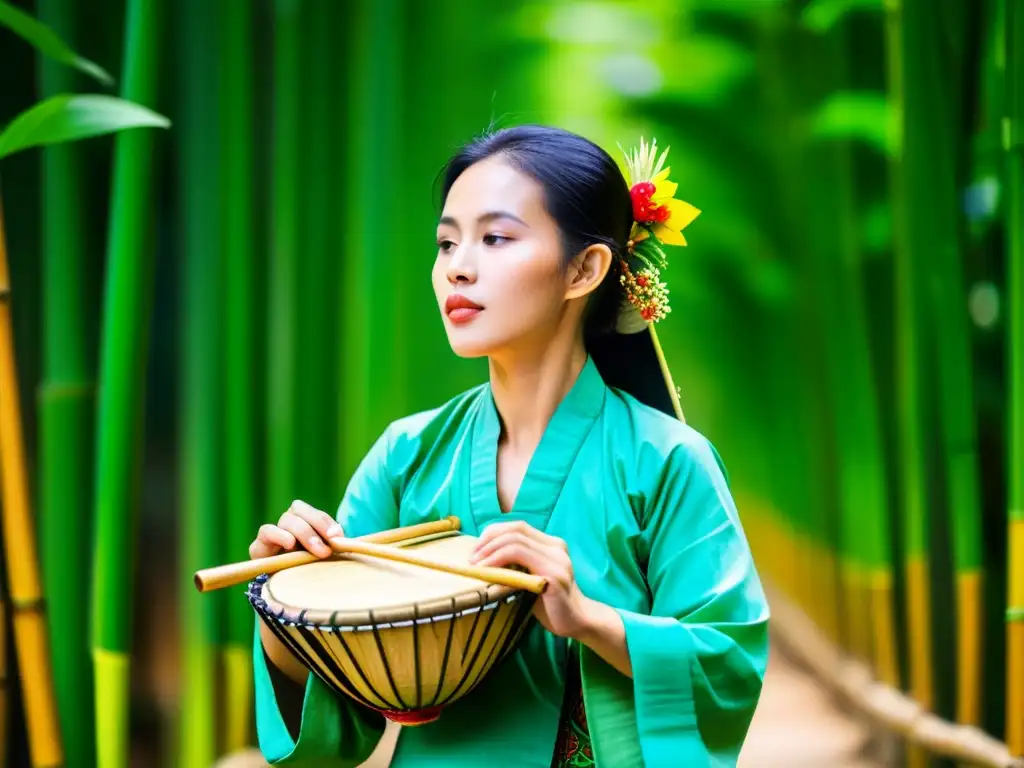 Imagen impactante de un músico vietnamita tradicional tocando el kèn entre exuberante vegetación, resaltando la historia y sonido del kèn vietnamita