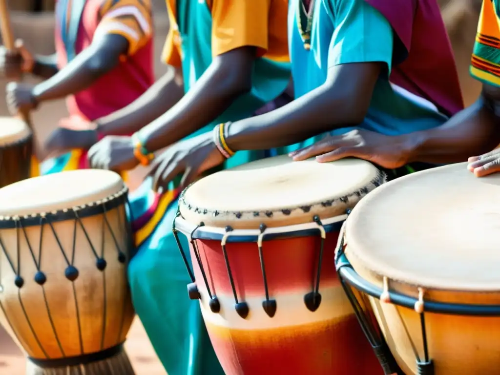 Imagen impactante de músicos africanos tradicionales tocando djembés en un vibrante pueblo