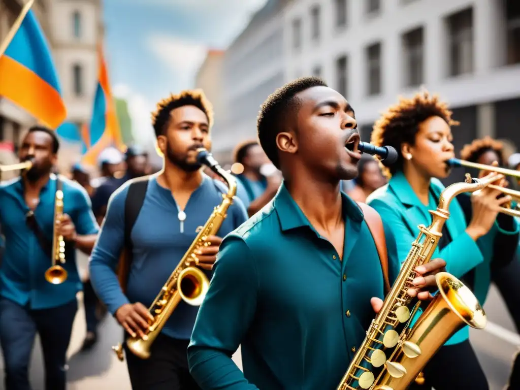 Imagen impactante de músicos tocando instrumentos emblemáticos en un vibrante movimiento social, expresando pasión y determinación