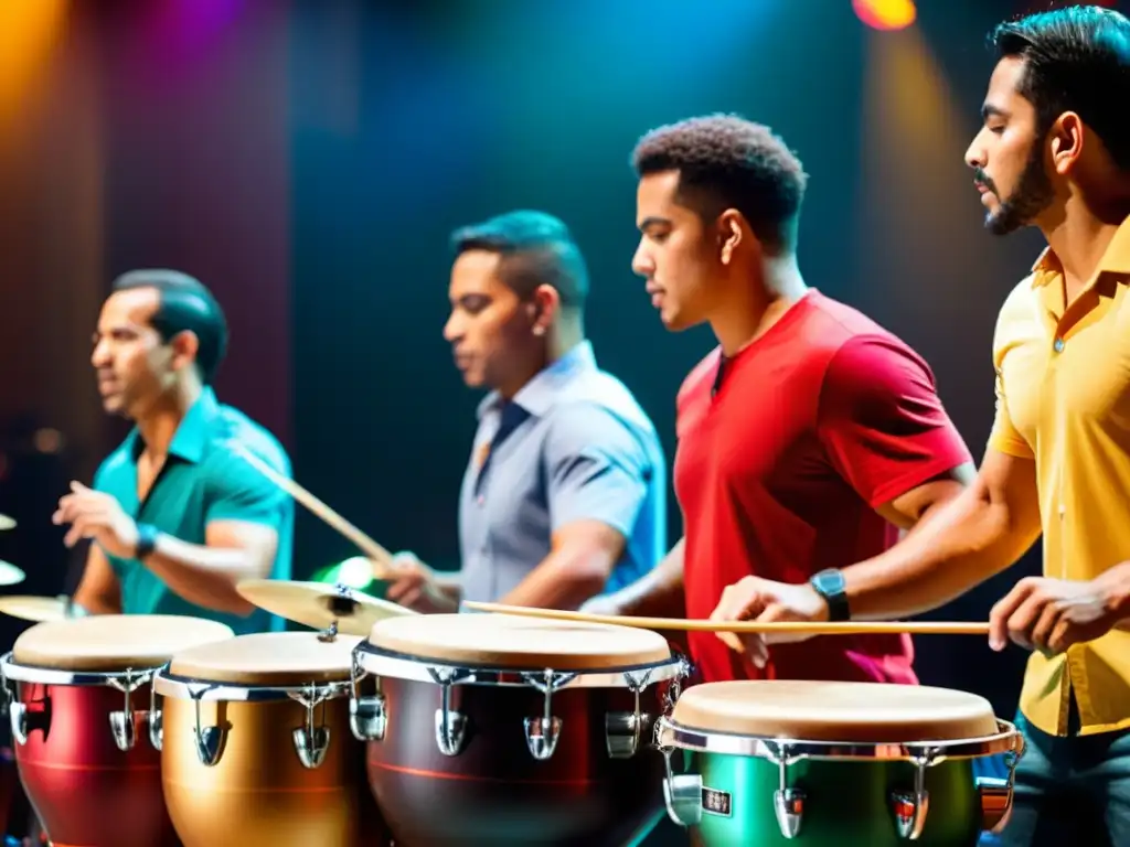 Una imagen impactante de músicos de percusión latina en un escenario, con instrumentos vibrantes y una energía contagiosa