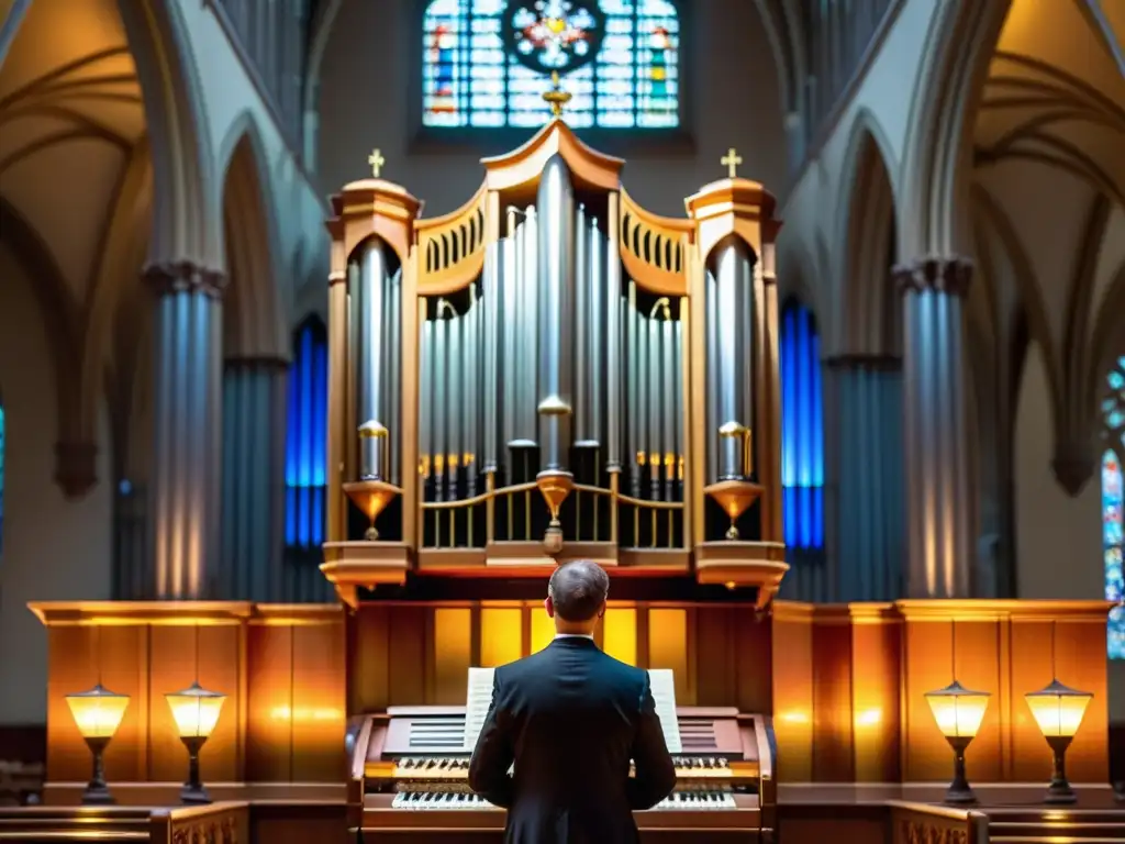 Imagen impactante de un órgano de catedral con músico interpretando música religiosa, destacando la atmósfera cultural y espiritual