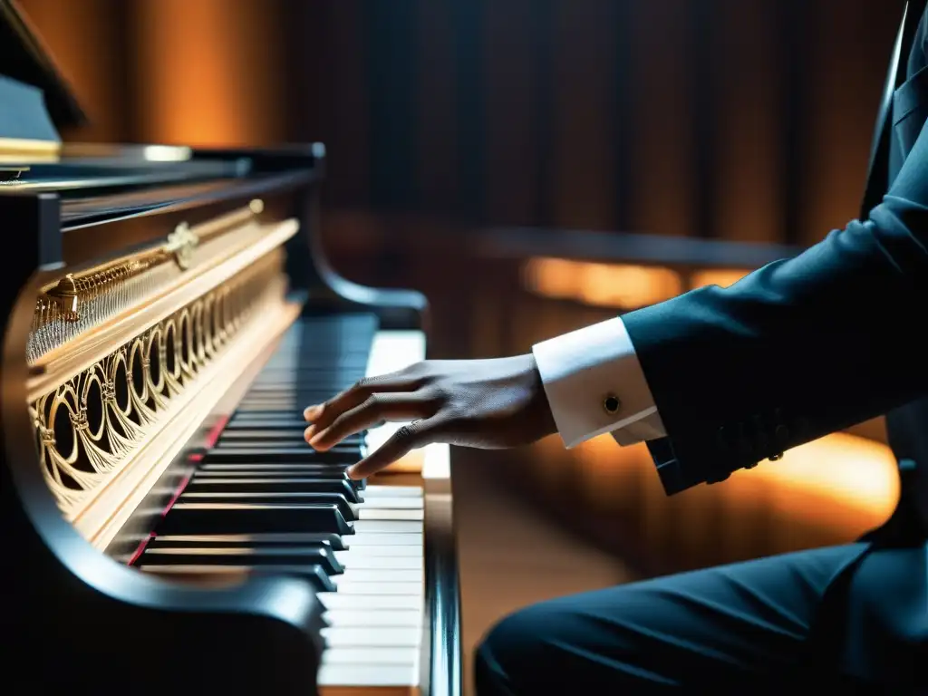 Imagen impactante del piano de cola en un elegante escenario, con el pianista en pleno movimiento y la atmósfera emocional de la música clásica