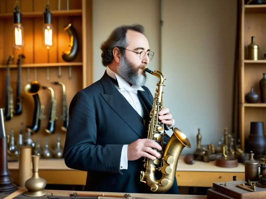 Imagen impactante de Adolphe Sax construyendo el primer saxofón, destacando su historia, sonido y significado cultural