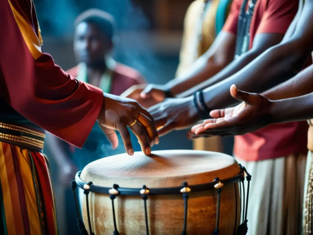 Imagen impactante de un ritual afroamericano con el uso del tambor, con expresiones intensas y ambiente espiritual