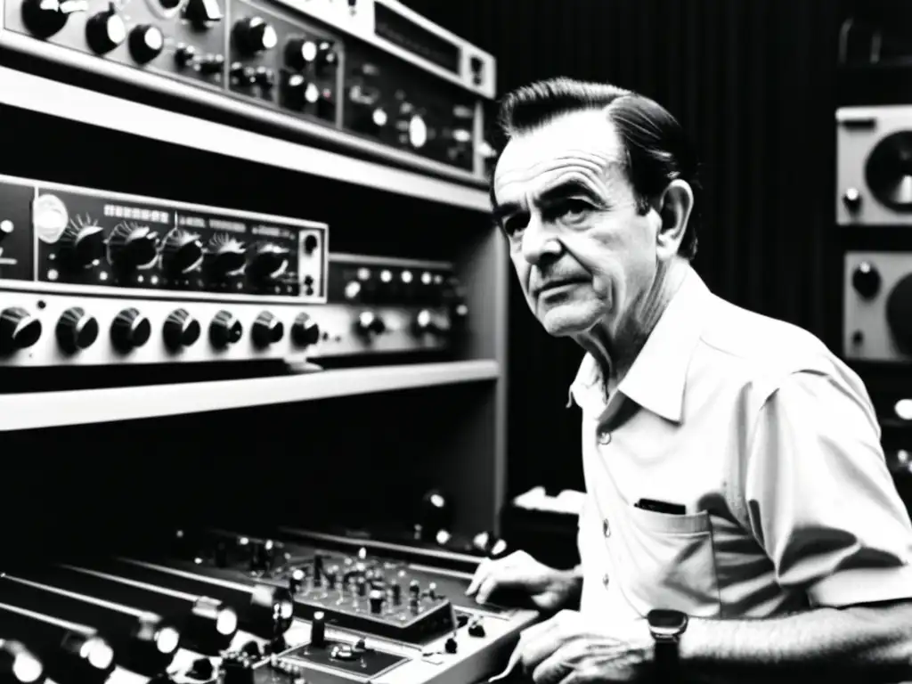 Imagen impactante de Pierre Schaeffer en su estudio, rodeado de equipo vintage, reflejando la vanguardia musical de la música concreta