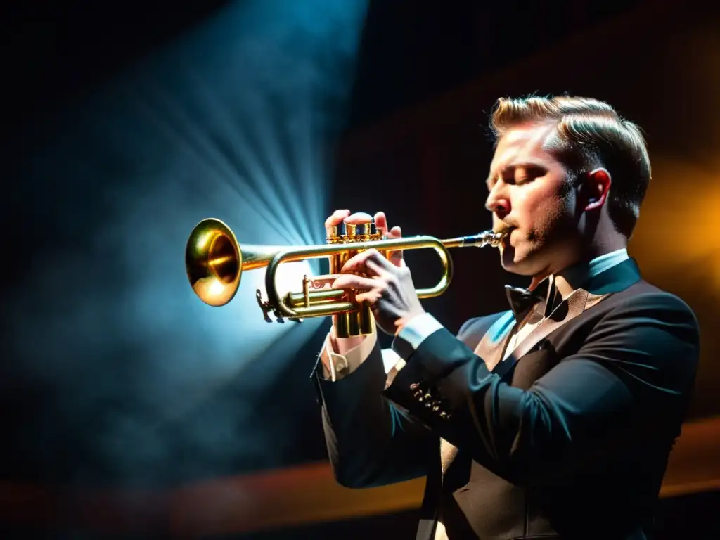 Imagen impactante de un trompetista hábil en el escenario, mostrando la evolución de la trompeta de válvulas con pasión y destreza musical