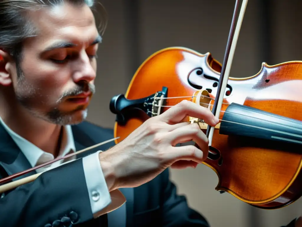 Imagen impactante de un violinista ejecutando la técnica staccato en un violín, mostrando precisión y emoción en su rostro