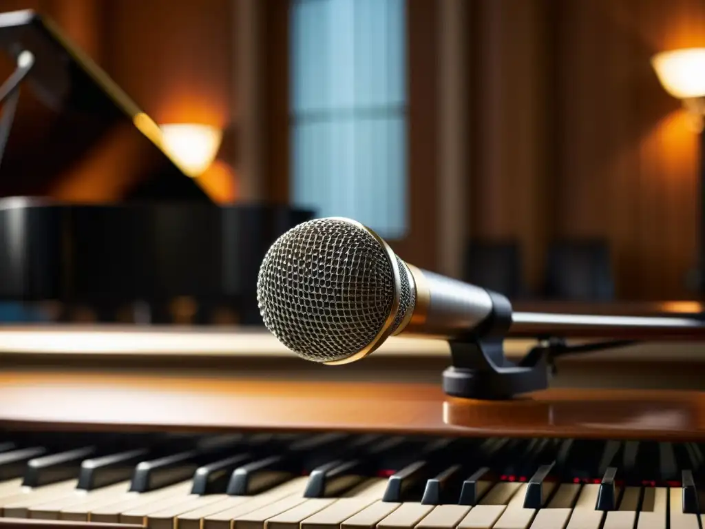 Una imagen de impacto en un estudio de grabación, con un micrófono vintage frente a un piano de cola