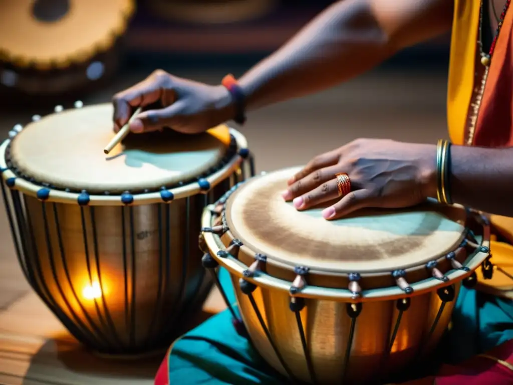 Una imagen 8k detalla un kanjira indio tocado junto a otros instrumentos de percusión tradicionales como el tabla, mridangam y ghatam