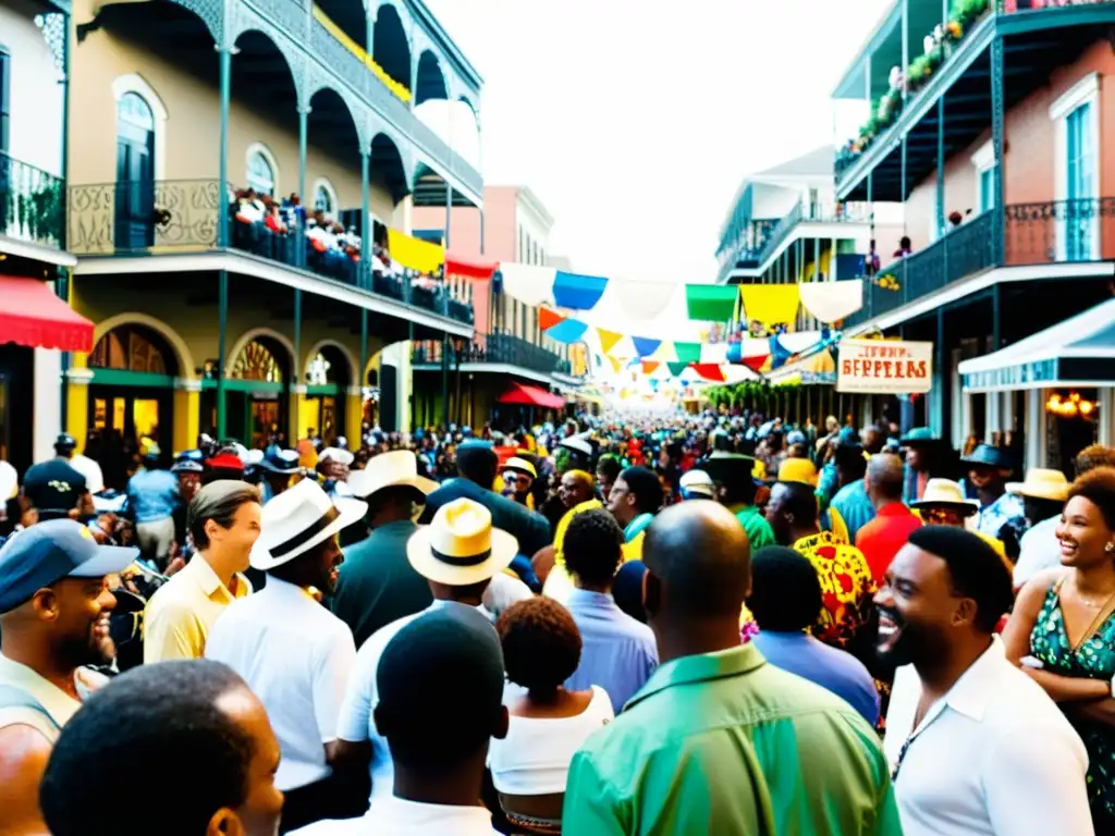 Imagen de la influencia global del jazz de Nueva Orleans, con músicos y una animada multitud durante un festival de jazz en la calle