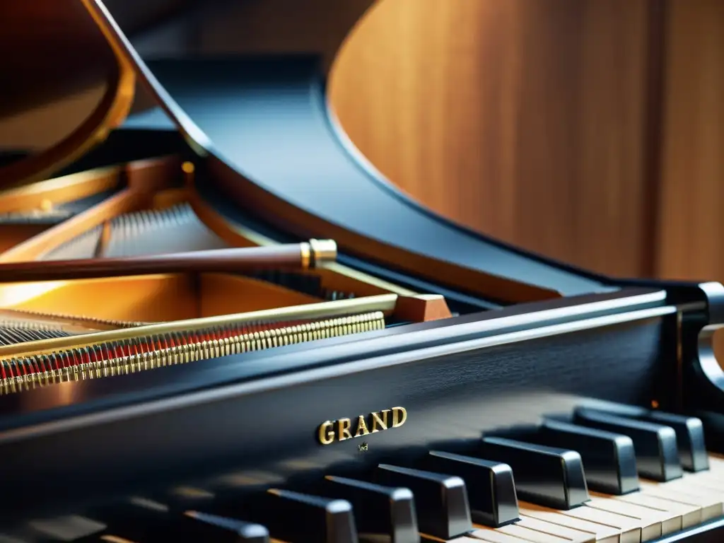 La imagen muestra la influencia del piano de cola en su intrincada mecánica y artesanía, con detalles en las cuerdas, martillos y madera