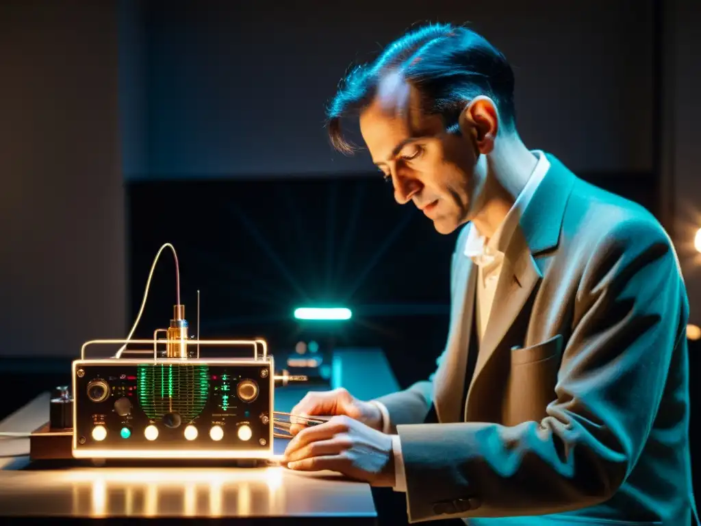 Imagen histórica en 8k: Léon Theremin y su icónico instrumento electrónico Imagen 8k de Léon Theremin demostrando su instrumento electrónico en un laboratorio tenue, destacando el legado del Theremín en películas