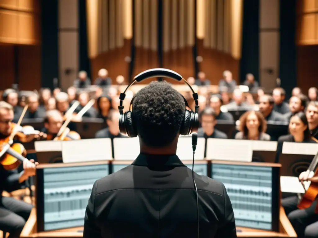 Imagen de grabación binaural para instrumentos musicales en una sesión con orquesta sinfónica, capturando detalles y emociones