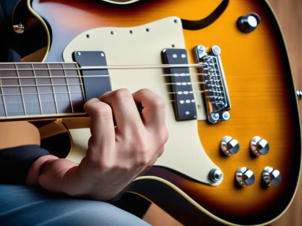 La imagen muestra la intensa concentración de un guitarrista, aplicando la técnica del bending en guitarra eléctrica