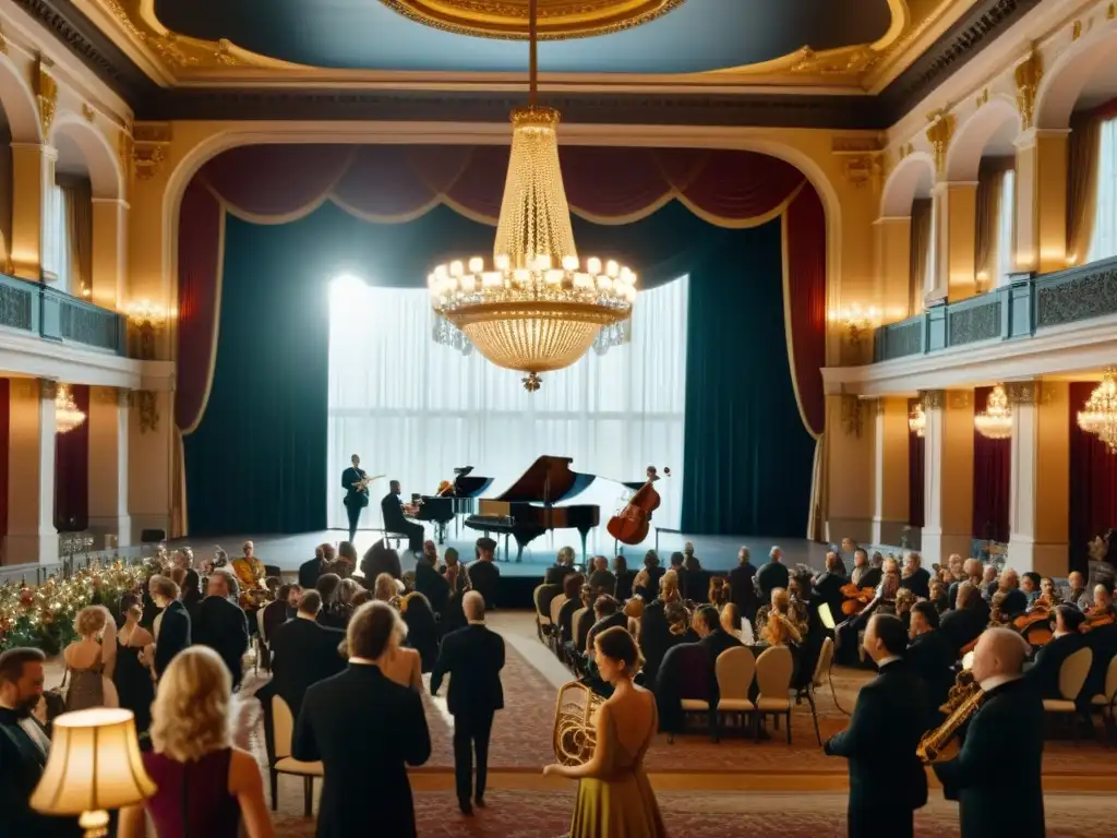 Imagen 8k de un lujoso salón de baile de película de época con músicos y elegantes vestimentas