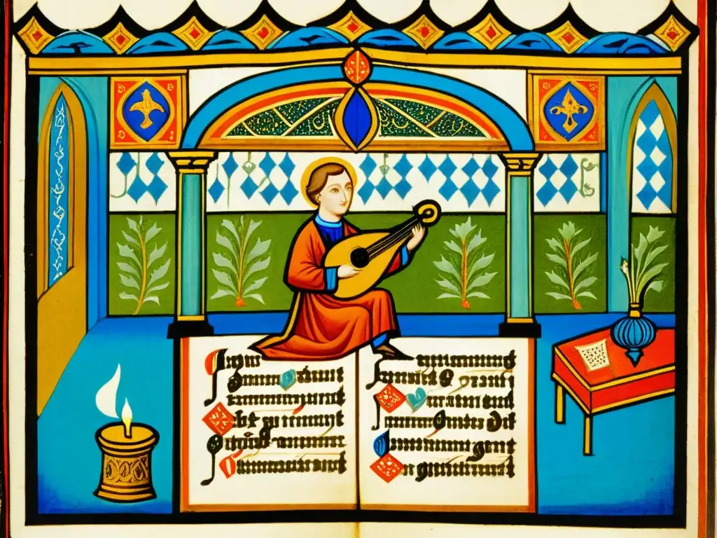 Salterio medieval: músico en un manuscrito iluminado Imagen de un manuscrito iluminado medieval que muestra la historia del salterio, un músico lo toca en un gran salón con detalles intrincados