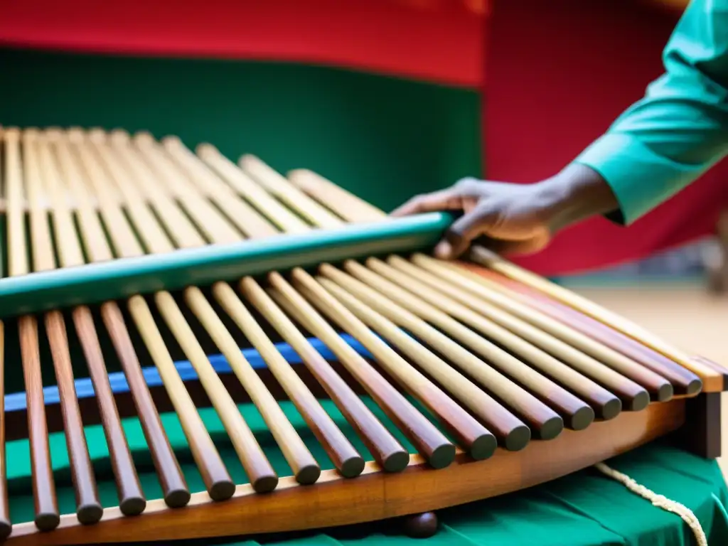 Imagen de una marimba africana, resalta su historia y evolución como instrumento musical durante una celebración cultural vibrante