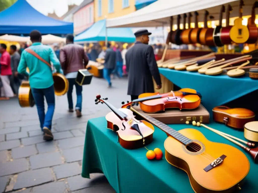 Imagen de mercado callejero vibrante con músicos y una diversidad de instrumentos, mostrando la influencia de la migración en la evolución musical