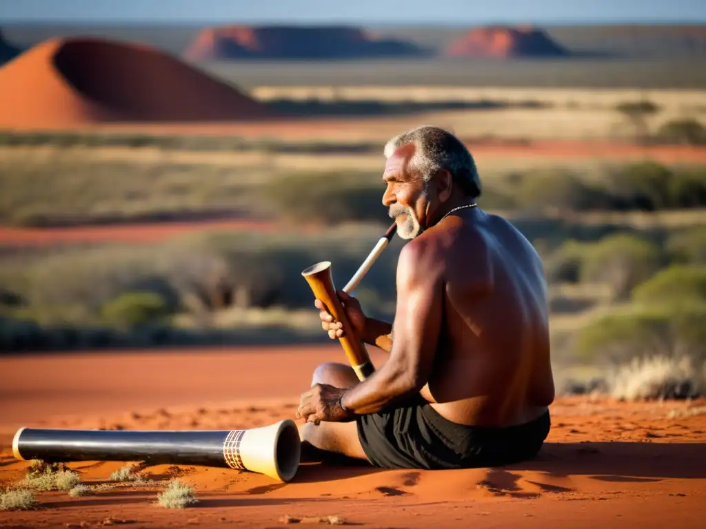 Imagen de un músico aborigen australiano tocando el didgeridoo en el impresionante outback, capturando la historia y sonido del didgeridoo australiano