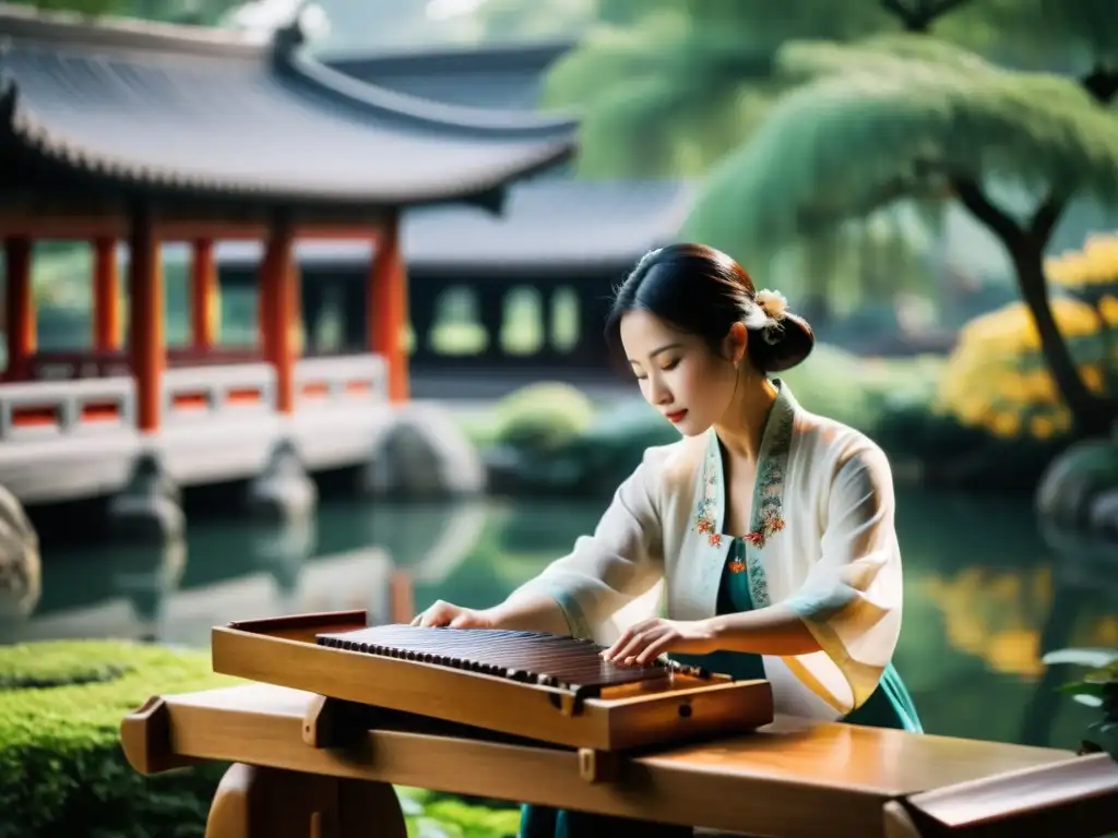 Imagen de un músico chino tocando el guzheng en un jardín tradicional, capturando la historia y sonido del guzheng