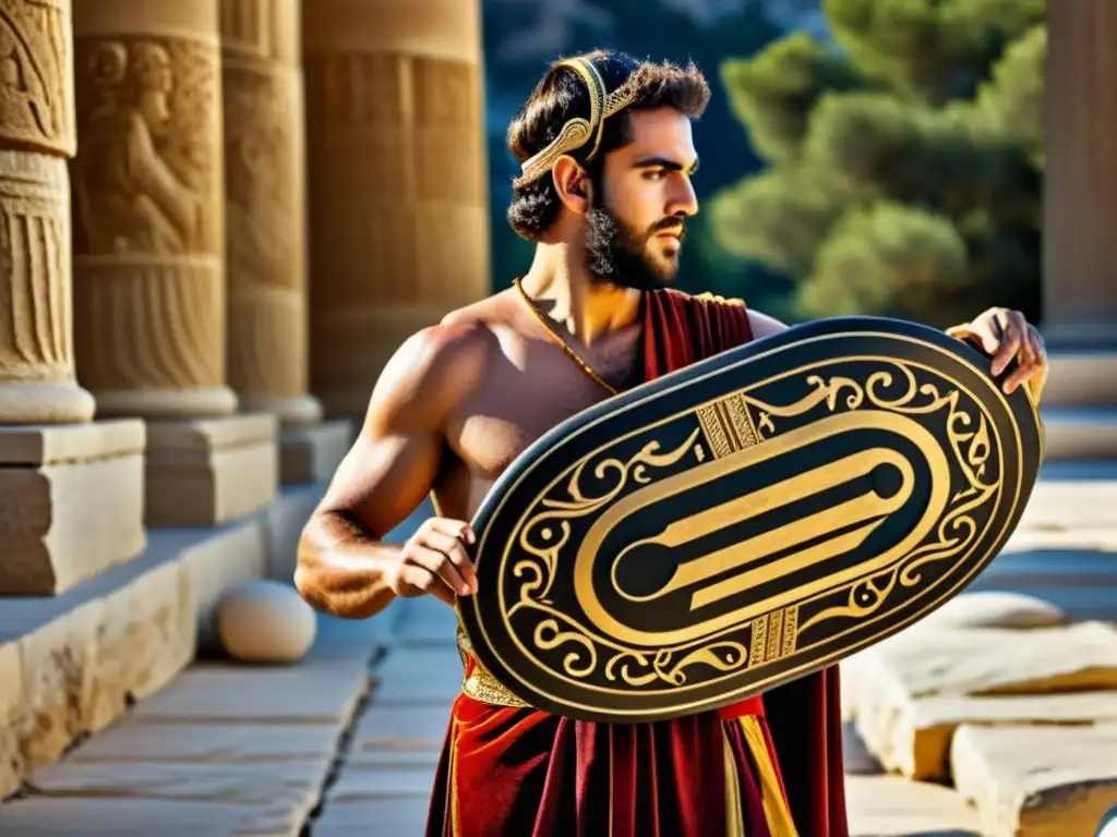 Músico griego antiguo tocando el aulos: detalle histórico Imagen de un músico griego antiguo tocando el aulos en un entorno vibrante y detallado, que captura la historia y sonido del Aulos