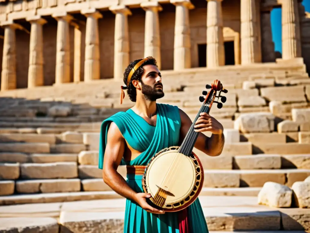 Concierto de aulos en el antiguo anfiteatro griego Imagen de un músico griego tocando el aulos en un antiguo anfiteatro, evocando la historia y el sonido del Aulos en la cultura griega