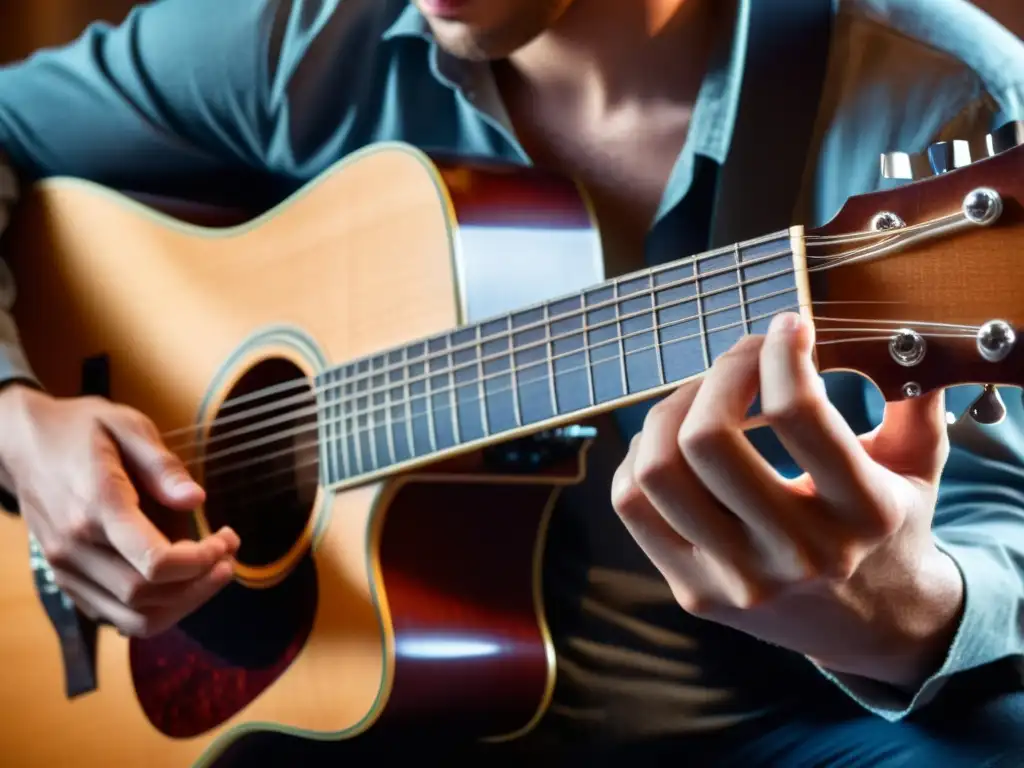 Imagen de cerca de un músico tocando la guitarra, mostrando su expresión y pasión