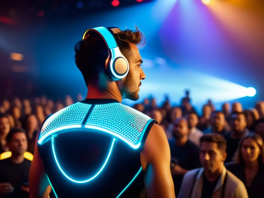 Imagen de músico con instrumento musical wearable en concierto, fusionando tecnología y música en experiencia innovadora