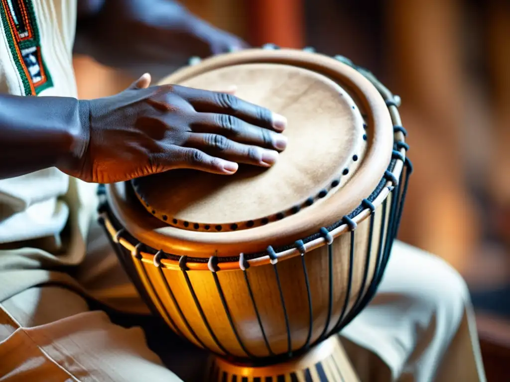 Imagen de un músico hábil tocando un tambor africano, resaltando la historia y sonido del talking drum