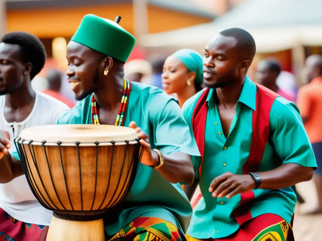 Imagen de músicos africanos tocando tambores Djembé en un bullicioso mercado, mostrando la riqueza cultural de los instrumentos musicales africanos tradicionales