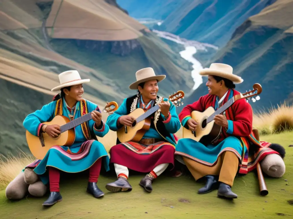 Imagen de músicos andinos tocando zampoñas en paisaje montañoso