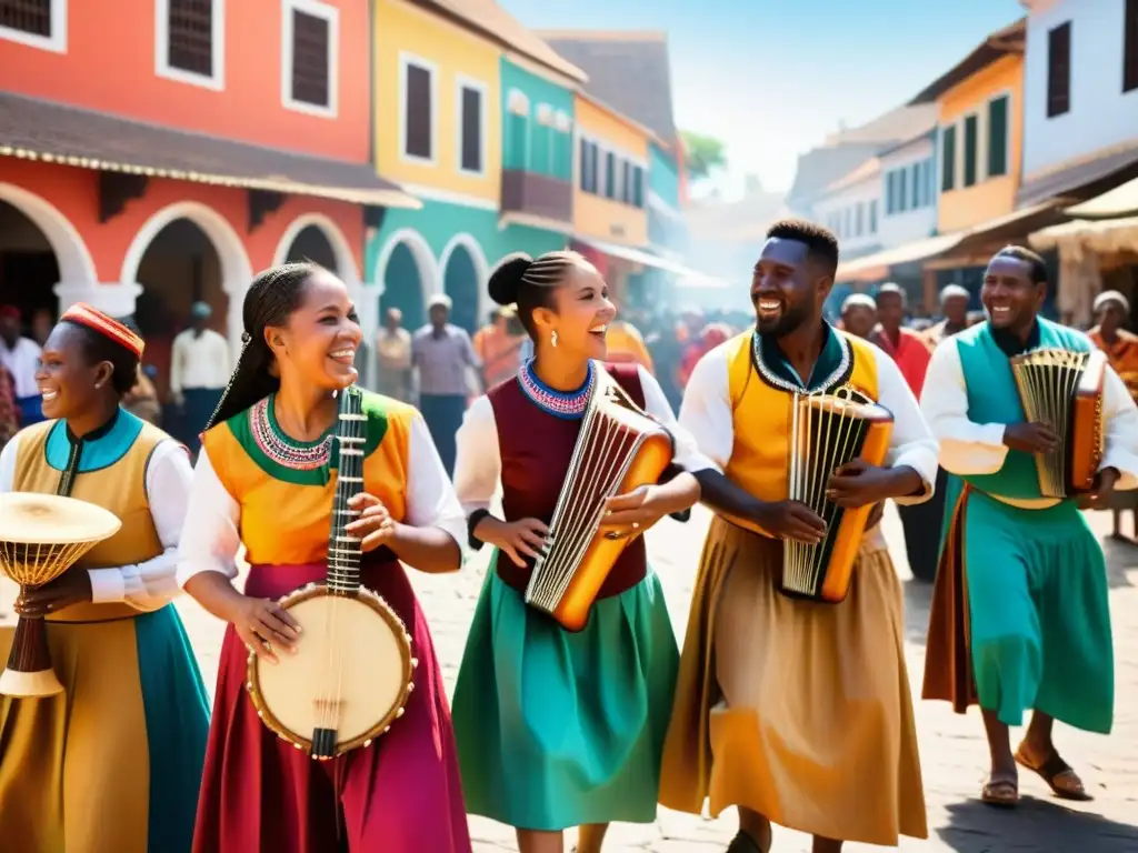 Imagen de músicos diversos tocando gaita en una animada plaza, con trajes coloridos y energía cultural