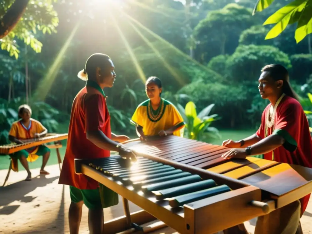 Músicos indígenas tocando la marimba en ceremonia espiritual Imagen en 8k de músicos indígenas tocando la marimba en una ceremonia espiritual