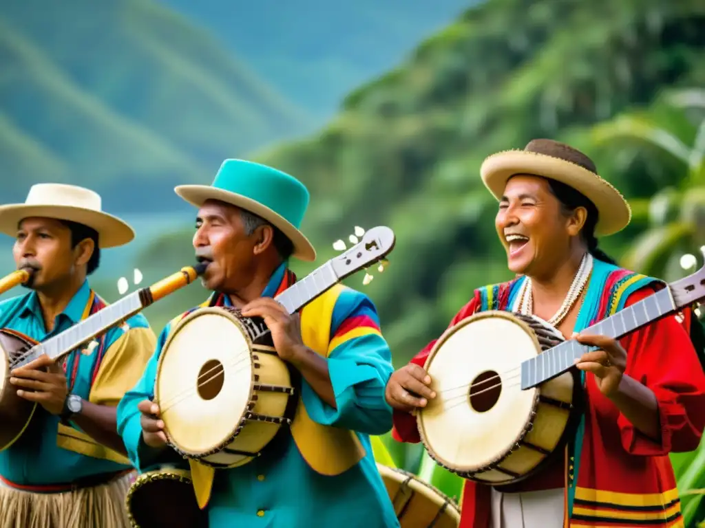 Imagen de músicos tocando instrumentos musicales del Pacífico Colombiano en festival animado