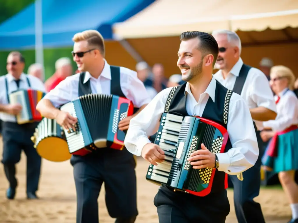 Imagen de músicos polacos tocando en un festival en Texas, resaltando la historia del acordeón polaco en Texas con energía y tradición