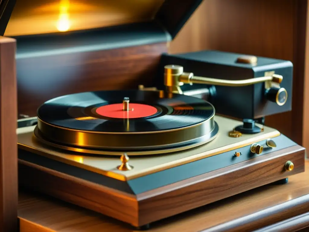 Una imagen nostálgica de un tocadiscos vintage con un vinilo girando, iluminando la habitación llena de equipos de audio antiguos