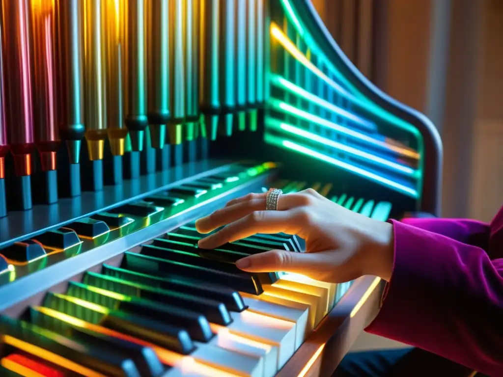 Imagen de un órgano de cristal con tubos coloridos, luz reflejada en manos sobre el teclado, creando una atmósfera serena y etérea