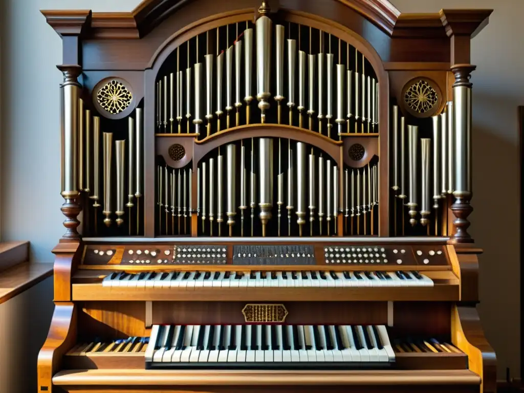 Una imagen en 8k detalla el órgano de una iglesia, mostrando sus intrincados tubos, teclado y ornamento de madera