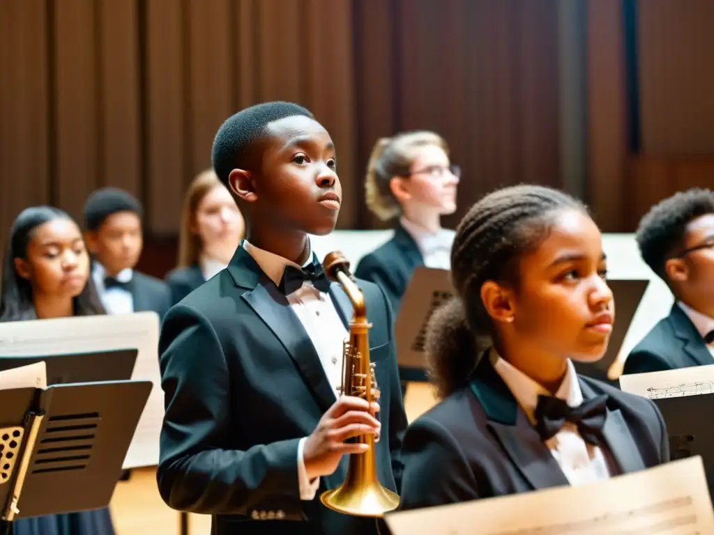 Imagen de una orquesta escolar con estudiantes tocando instrumentos, destacando la importancia de la práctica conjunta y el trabajo en equipo