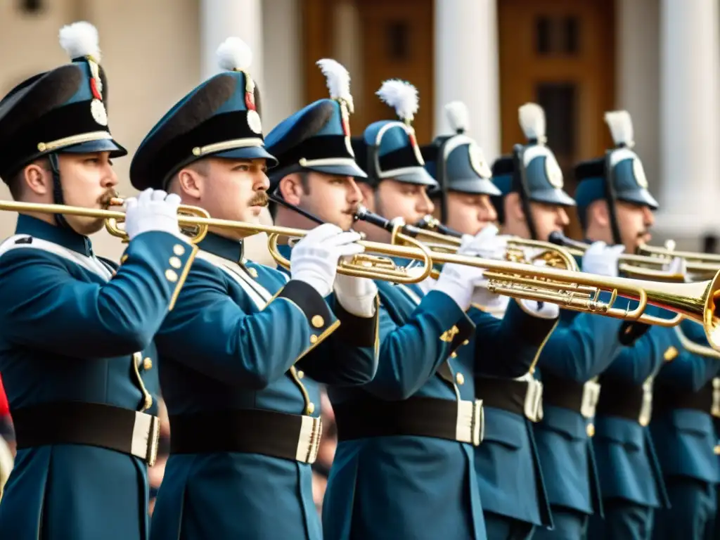 Imagen de orquesta militar histórica con uniformes detallados y músicos tocando instrumentos tradicionales