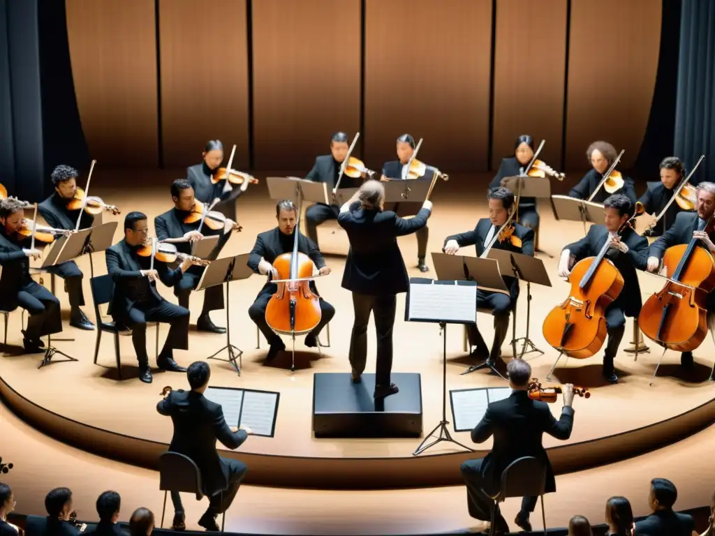 Imagen en 8k de una orquesta sinfónica con instrumentos tradicionales y modernos, fusionando lo clásico y contemporáneo en la música sinfónica