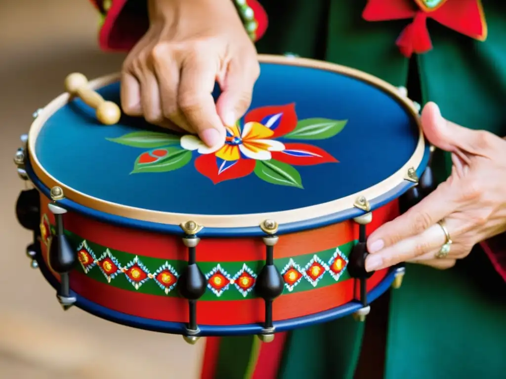 Imagen de una pandereta asturiana tradicional con intrincados diseños florales en rojo, verde y azul